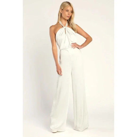 Lulus Adoring Angel Ivory Satin Wide-Leg Halter Jumpsuit Size Small - Picture 2 of 6